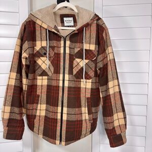 Women's Hooded Plaid Button Down Shirt - Brown and Cream
